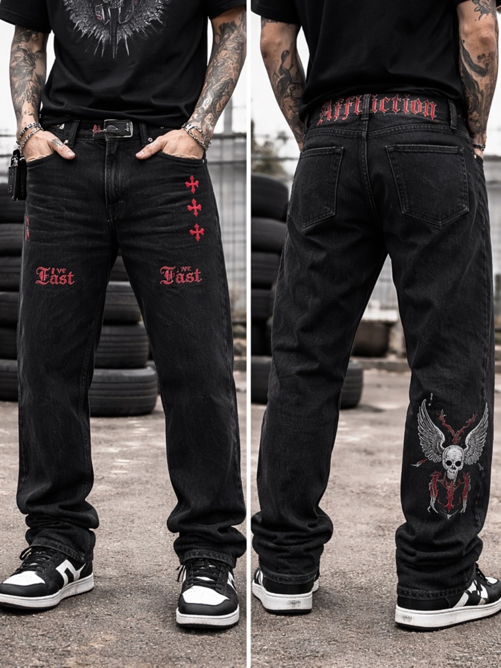 Affliction Black Jeans Red Skull Embroidery Y2K Biker 38X32 Men
